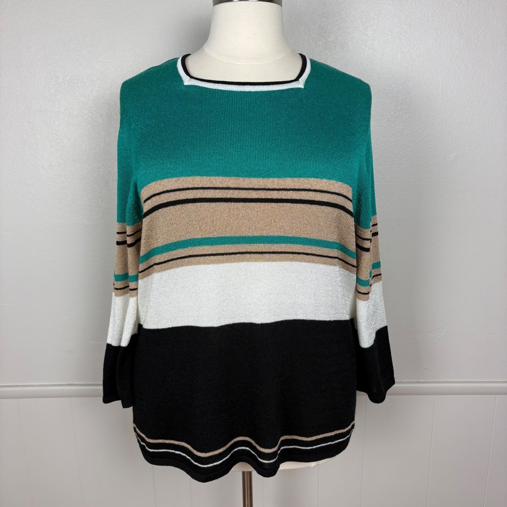 Sag Harbor Woman Sweater Size 2X Striped Square Neck Long Sleeves Teal Black Tan